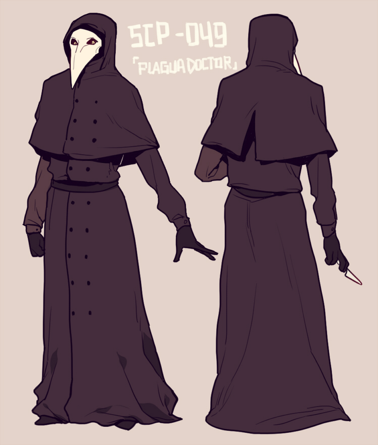 character_name coat commentary gloves hood hooded jotman mask plague_doctor scalpel scp-049 scp_foundation simple_background