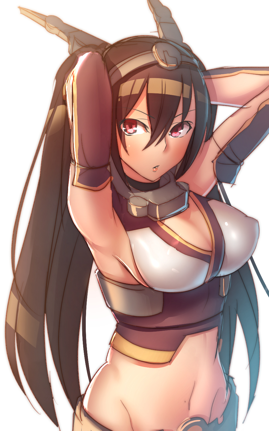 adjusting_hair armpits black_hair breasts cleavage hairband highres kantai_collection large_breasts long_hair looking_at_viewer midriff nagato_(kantai_collection) navel open_mouth red_eyes shiba_nanasei sideboob solo