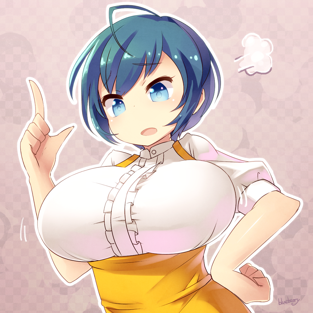 ahoge blue_eyes blue_hair blueberry_(5959) breasts character_request hand_on_hip index_finger_raised large_breasts short_hair solo