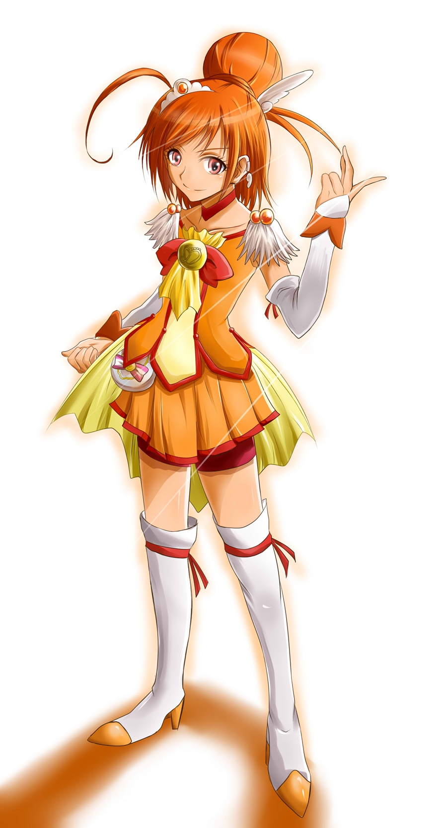 ahoge arm_warmers bike_shorts boots bow bowtie brooch choker cure_sunny detached_sleeves earrings full_body hair_bun hair_ornament happy high_heels highres hino_akane_(smile_precure!) jewelry looking_at_viewer magical_girl orange_(color) orange_hair orange_skirt precure red_bow red_choker red_eyes red_neckwear red_shorts shogo_(4274732) short_hair shorts shorts_under_skirt simple_background skirt smile smile_precure! solo thigh_boots thighhighs white_background wrist_cuffs