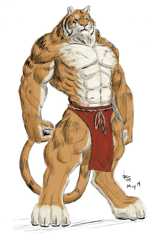 abs anthro belt biceps big_muscles black_fur body_markings brown_fur claws feline fur grin loincloth looking_at_viewer male mammal markings muscles nipples pecs pink_nose plain_background pose rwolf sketch smile solo standing stripes tan_fur tiger toe_claws toned topless whiskers white_background white_fur yellow_eyes
