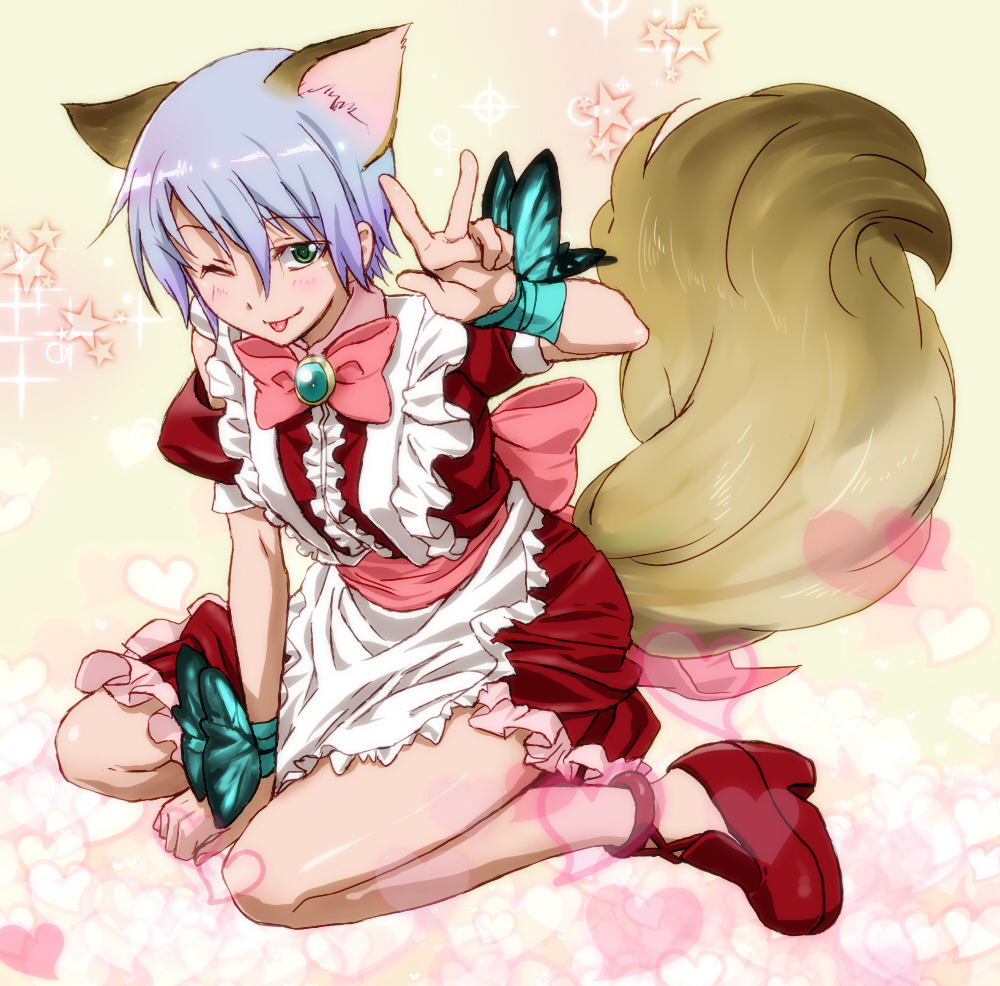 1boy animal_ears b-daman bent_over butterfly cross_fight_b-daman full_body green_eyes grey_hair homura_naoya maid maid_outfit male male_focus solo tail tongue trap v v-sign wink