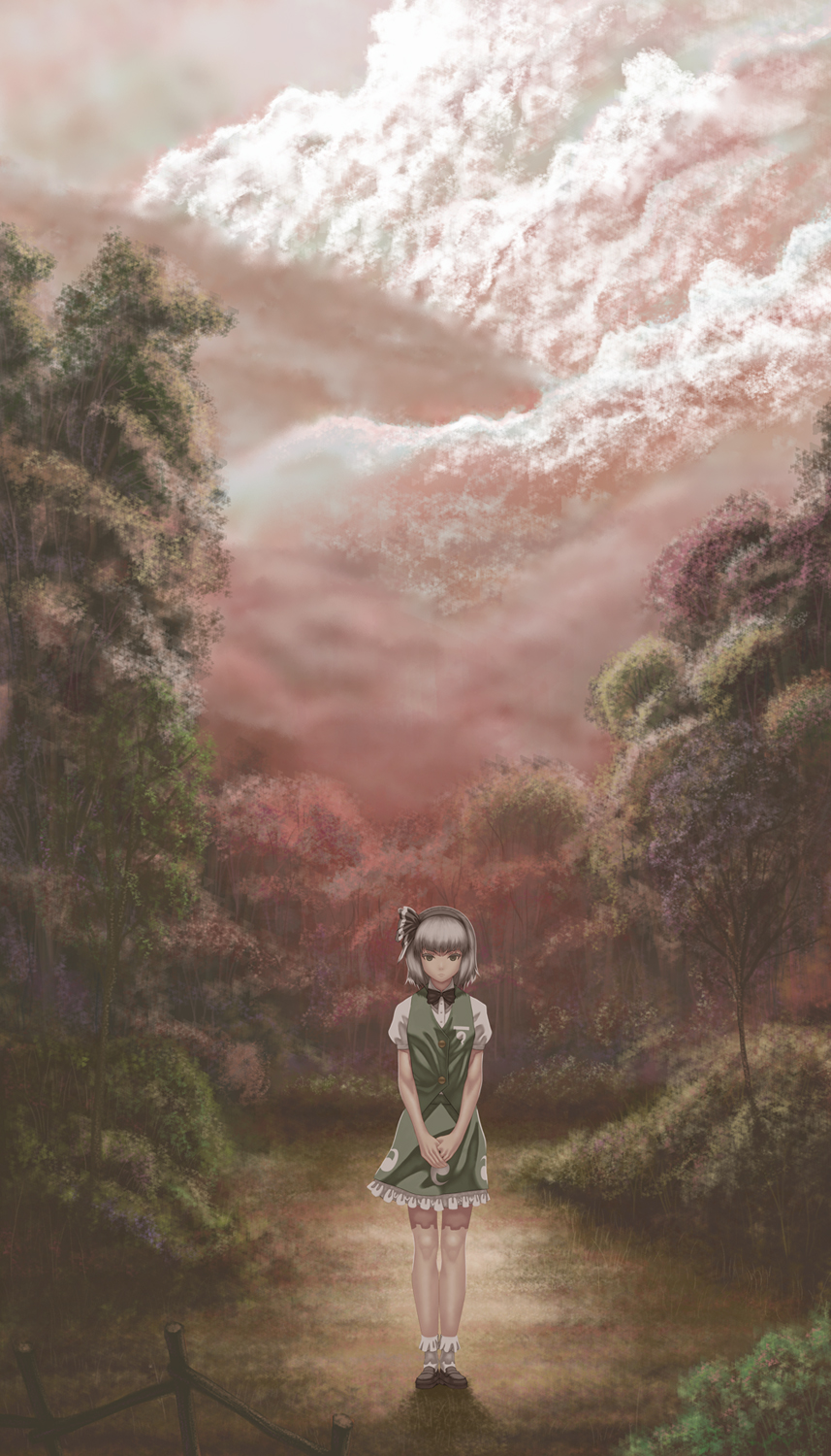 bow cloud cloudy_sky forest frilled_skirt frills full_body green_eyes hairband highres kai_(ouf) konpaku_youmu looking_at_viewer nature outstretched_arms puffy_sleeves red_sky ribbon shirt shoes short_hair short_sleeves silver_hair skirt skirt_set sky socks solo touhou tree vest white_legwear white_shirt