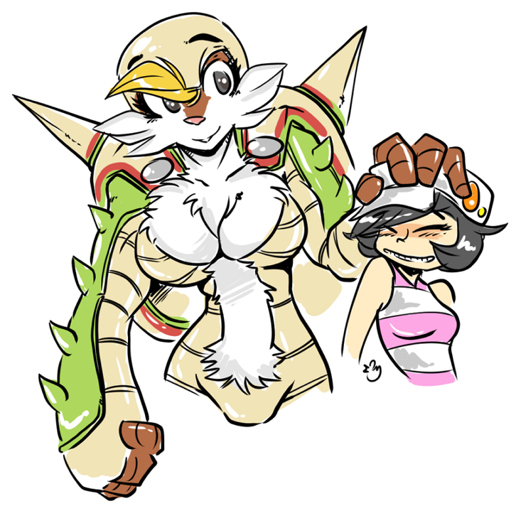 bald bangs black_hair blonde_hair breasts chesnaught cleavage cropped_legs ducky furry gen_6_pokemon hand_on_another's_head hat height_difference large_breasts multiple_girls personification petting pokemon pokemon_(game) pokemon_xy short_hair sleeveless striped