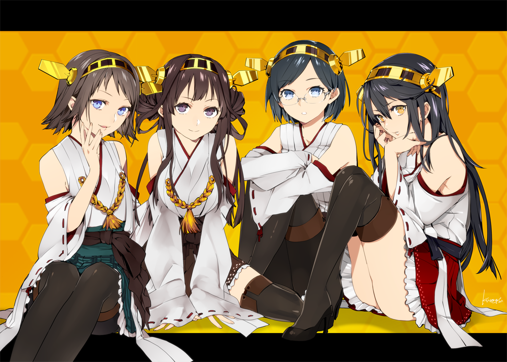 armpits black_hair blue_eyes braid brown_hair detached_sleeves frilled_skirt frills glasses hairband haruna_(kantai_collection) hexagon hiei_(kantai_collection) high_heels honeycomb_(pattern) honeycomb_background japanese_clothes kantai_collection kirishima_(kantai_collection) kongou_(kantai_collection) kurono_yuu letterboxed light_smile looking_at_viewer multiple_girls nontraditional_miko open_mouth pantyhose parted_lips purple_eyes ribbon-trimmed_sleeves ribbon_trim signature sitting skirt sleeves_past_wrists smile thighhighs wide_sleeves yellow_eyes