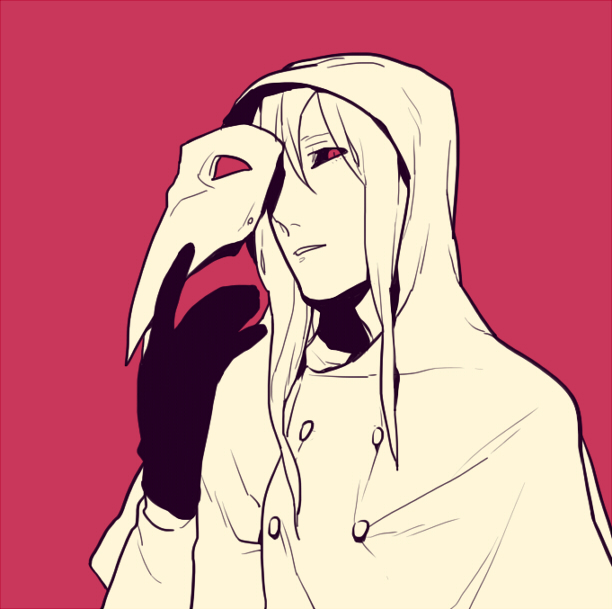 gloves hood hood_up jotman looking_at_viewer male_focus mask mask_removed monochrome parted_lips plague_doctor red red_background red_eyes scp-049 scp_foundation simple_background solo