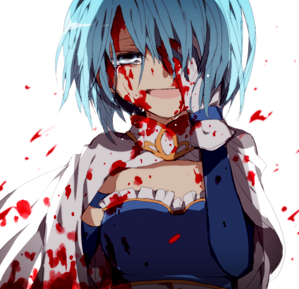 armband bad_id bad_pixiv_id blood blood_on_face bloody_clothes blue_eyes blue_hair cape gloves hand_on_own_face hiiragi_fuyuki magical_girl mahou_shoujo_madoka_magica miki_sayaka open_mouth short_hair simple_background solo tears white_background