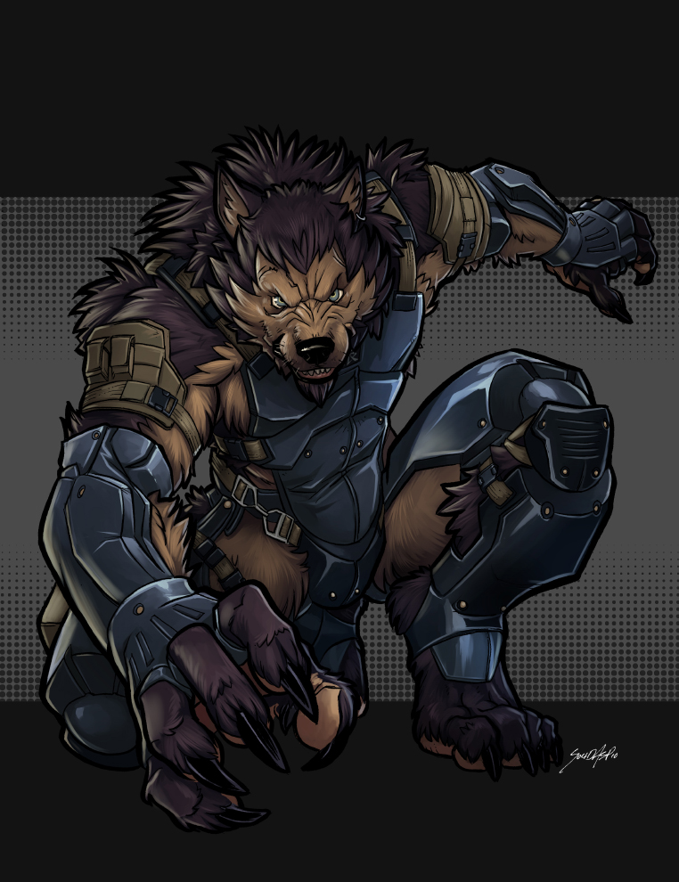 anthro armor biceps black_nose blue_eyes brown_fur canine claws crouching fangs fur grin kneeling looking_at_viewer male mammal muscles pecs pose purple_fur smile solidasp solo teeth toe_claws warrior wolf