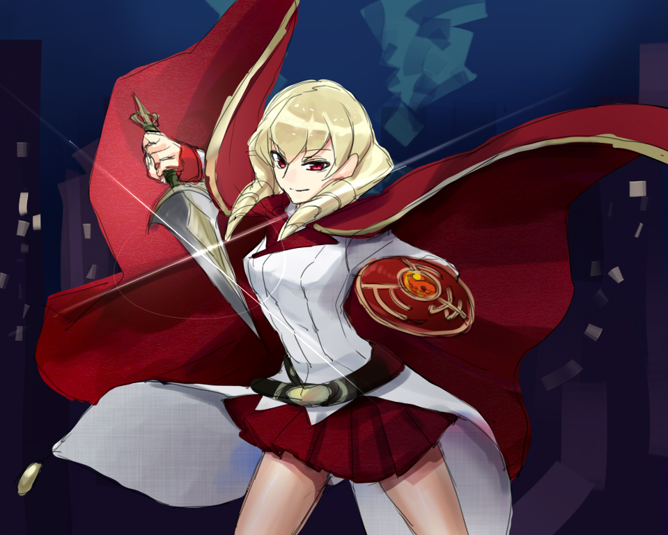 bad_id bad_pixiv_id banned_artist belt blonde_hair cape drill_hair erika_wagner pleated_skirt red_eyes shield short_sword skirt solo sword twin_drills twintails under_night_in-birth weapon yusano