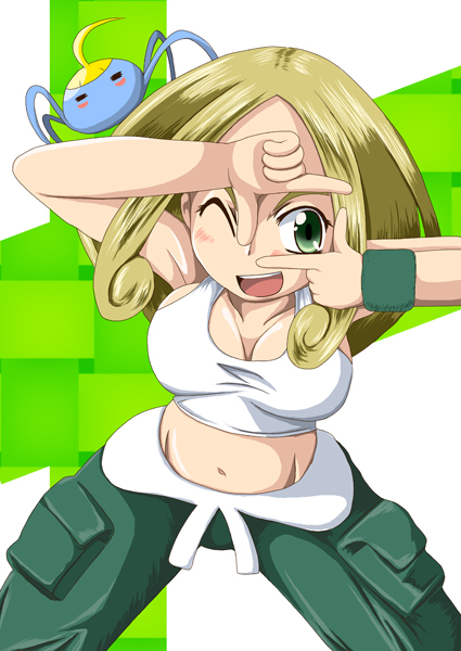1girl armpits arms_up bare_shoulders blonde_hair blue_eyes blush breasts capri_pants cleavage collarbone crop_top green_eyes gym_leader happy large_breasts looking_at_viewer midriff mound_of_venus navel nintendo open_mouth pants pokemon pokemon_(game) pokemon_xy shiny shirt short_hair simple_background smile soboro solo spread_legs surskit tank_top taut_clothes teeth tongue viola_(pokemon) white_shirt wink