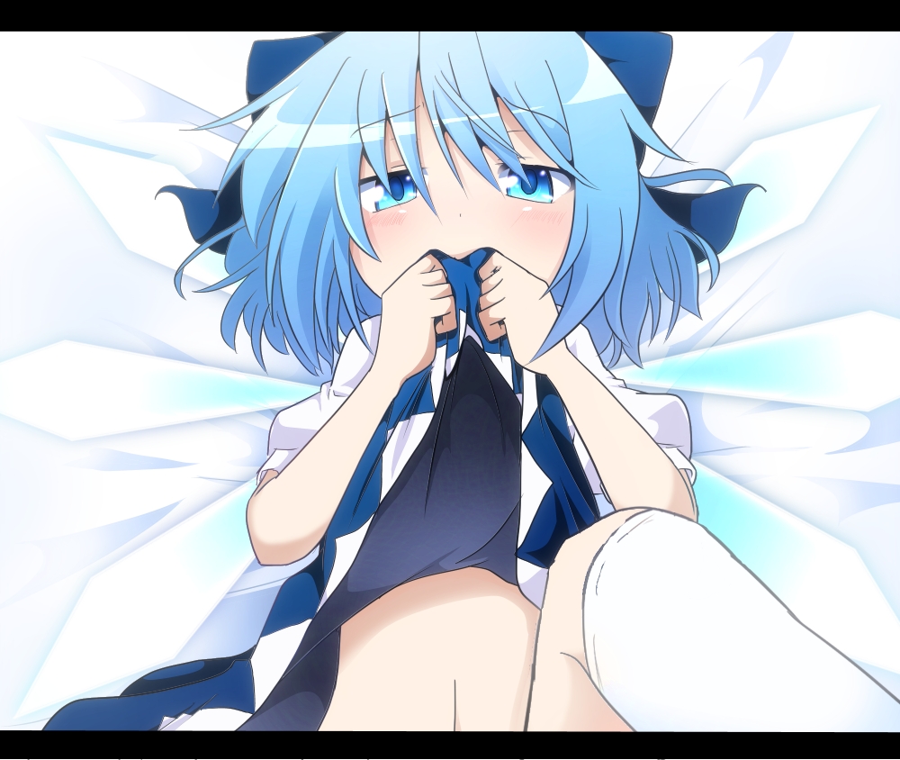 blue_dress blue_eyes blue_hair blush bow cirno covering_mouth do_(4-rt) dress dress_lift hair_bow ice ice_wings leg_up letterboxed looking_at_viewer midriff out-of-frame_censoring puffy_sleeves shirt short_sleeves solo touhou wings