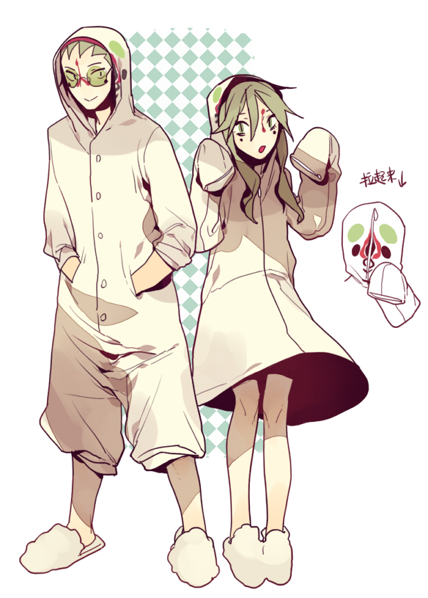 1girl :o checkered directional_arrow dress glasses green_eyes green_hair hands_in_pockets hood hooded hoodie humanization jotman long_sleeves looking_at_viewer open_mouth personification scp-173 scp_foundation sleeves_past_wrists slippers slit_pupils smile standing translation_request zipper
