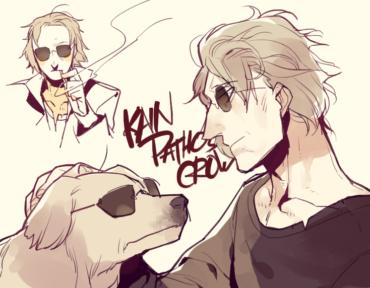 character_name cigarette coat dog dual_persona hand_on_another's_head jotman kain_pathos_crow male_focus personification scp_foundation simple_background smoke sunglasses