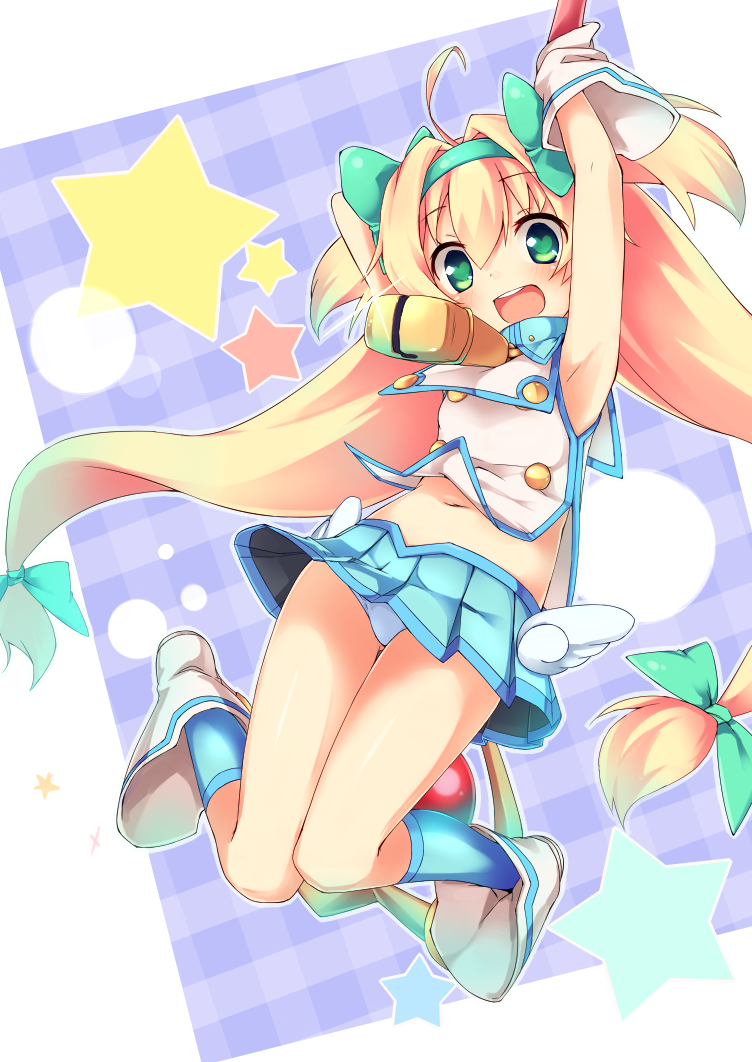 armpits arms_up bell blazblue blonde_hair blush bow cow_bell gloves green_eyes hairband heart heart-shaped_pupils jumping long_hair low-tied_long_hair midriff mokoke navel open_mouth panties pantyshot platinum_the_trinity quad_tails ribbon shiny shiny_skin skirt smile solo symbol-shaped_pupils thigh_gap two_side_up underwear upskirt very_long_hair