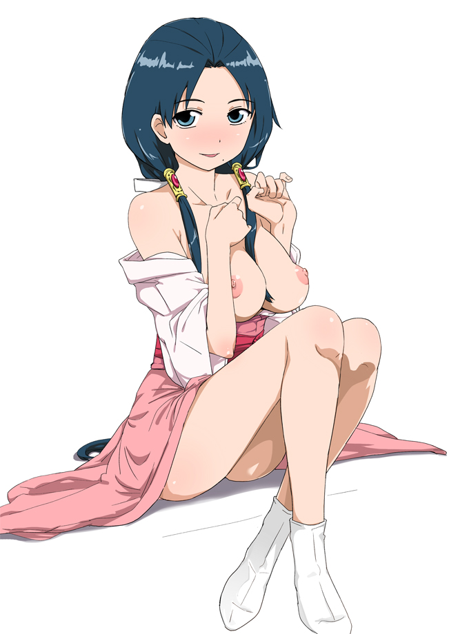 bare_legs bare_shoulders blue_eyes blue_hair blush body_blush breasts breasts_outside crossed_legs hand_on_own_chest ichihisa large_breasts long_hair long_legs looking_at_viewer magi_the_labyrinth_of_magic nipples off_shoulder open_clothes parted_lips pinky_out ren_hakuei simple_background sitting smile tabi