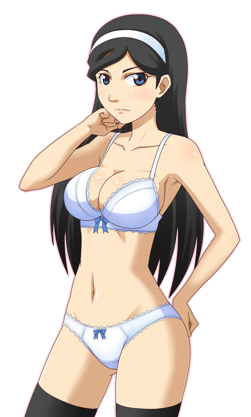 arm_up ass_visible_through_thighs black_hair blue_eyes bow bow_bra bow_panties bra breasts cleavage cowboy_shot frown goriate hairband hand_on_hip highres kumashiro_maya large_breasts long_hair looking_at_viewer navel panties seikimatsu_occult_gakuin sideboob solo thighhighs underwear underwear_only white_background white_panties