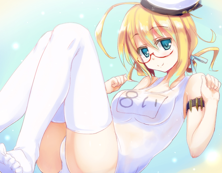 ahoge aqua_eyes arm_strap bare_shoulders blonde_hair glasses hat i-8_(kantai_collection) kantai_collection looking_at_viewer one-piece_swimsuit red-framed_eyewear school_swimsuit smile solo sorano_(12gou) swimsuit thighhighs twintails white_legwear white_swimsuit