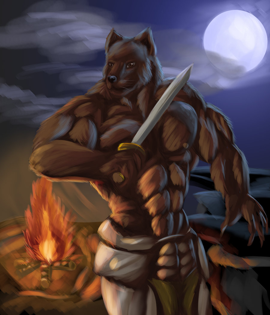 anthro belt biceps big_muscles black_nose brown_eyes brown_fur canine claws clothing cloud fire fur male mammal moon muscles night nipples pants pecs pose sky solo standing sword toned topless warrior weapon whiskers wolf
