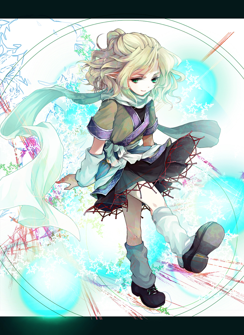 arm_warmers awa_toka blonde_hair green_eyes letterboxed looking_at_viewer mizuhashi_parsee pointy_ears sash scarf shirt short_sleeves skirt smile solo touhou