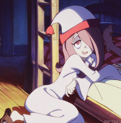 1girl animated animated_gif bed hair_over_one_eye little_witch_academia long_hair lowres nightcap nightgown solo sucy_manbabalan talking