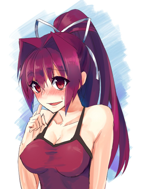 bad_id bad_pixiv_id banned_artist blush breasts cleavage hair_intakes hair_ribbon large_breasts ponytail purple_hair red_eyes ribbon solo spaghetti_strap tank_top taut_clothes under_night_in-birth yusano yuzuriha_(under_night_in-birth)