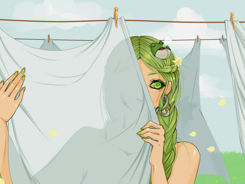 bad_deviantart_id bad_id bare_shoulders clothesline commentary covering_face dizmathik eyebrows eyelashes flower frog_hair_ornament green_eyes green_hair hair_flower hair_ornament kochiya_sanae nail_polish nose_bubble petals pyonta sleeping snake_hair_ornament touhou when_you_see_it