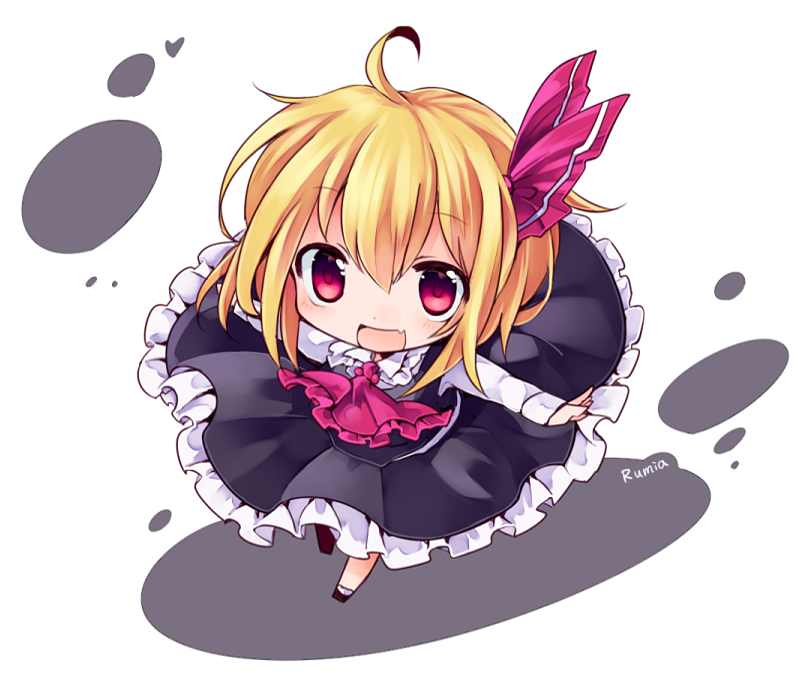 ahoge ascot blonde_hair chibi fang hat long_sleeves looking_at_viewer open_mouth outstretched_arms rumia shirt skirt skirt_set smile solo touhou vest yukimiya_(parupunta)