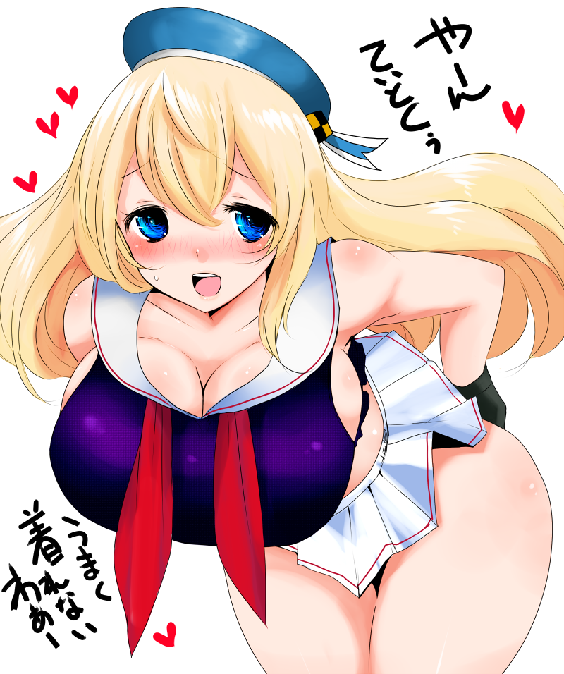 atago_(kantai_collection) bare_shoulders blonde_hair blue_eyes breasts cleavage cosplay gloves han_(jackpot) hat huge_breasts kantai_collection long_hair maya_(kantai_collection) maya_(kantai_collection)_(cosplay) simple_background solo thighs translated white_background