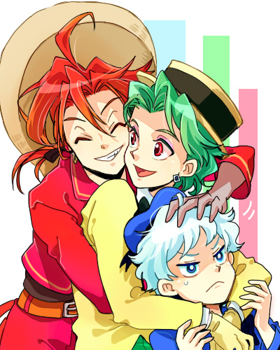 :&lt; closed_eyes donald_duck earrings green_hair grin hand_on_another's_head hat hug hug_from_behind jewelry jose_carioca lowres male_focus multiple_boys panchito_pistoles personification ponytail red_hair smile sombrero the_three_caballeros tsuntsun_(tuuuuuuntun) white_hair