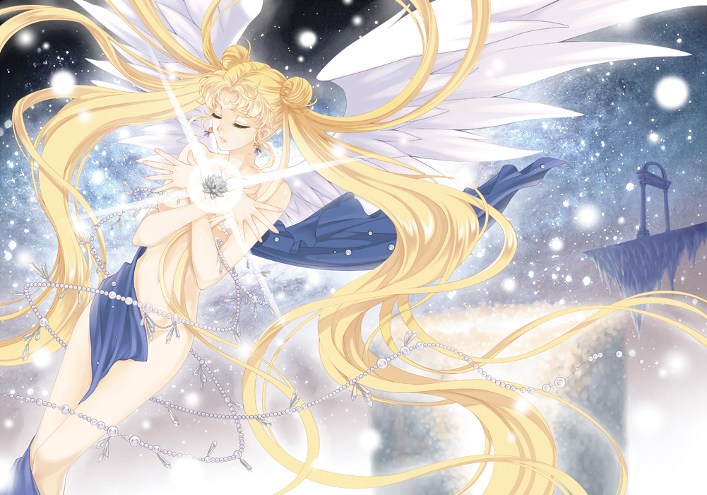 bishoujo_senshi_sailor_moon blonde_hair censored closed_eyes cloth convenient_censoring crossed_arms crystal double_bun facial_mark forehead_mark jewelry light_particles long_hair maboroshi_no_ginzuishou necklace nickii25 nude pearl_necklace solo tsukino_usagi twintails white_wings wings