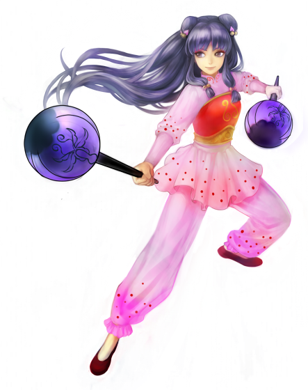 bad_id bad_pixiv_id chinese_clothes fighting_stance full_body long_hair pants pink_pants purple_hair ranma_1/2 shampoo_(ranma_1/2) sideways_glance simple_background solo very_long_hair weapon white_background yumechigai