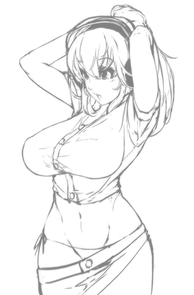 arms_up breasts crop_top curvy eu03 greyscale groin headphones large_breasts lineart long_hair monochrome navel nitroplus panties ponytail sarong side-tie_panties super_sonico underwear