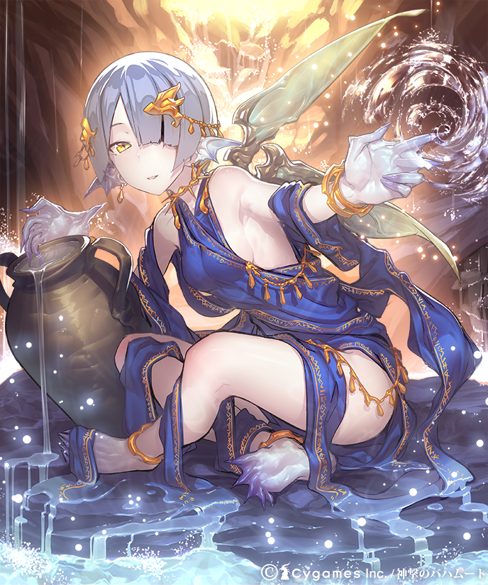 dress gloves hair_ornament hair_over_one_eye jug looking_at_viewer magic mckeee outstretched_arm shingeki_no_bahamut side_slit silver_hair sitting sleeveless sleeveless_dress smile solo water webbed_feet webbed_hands white_gloves wings yellow_eyes