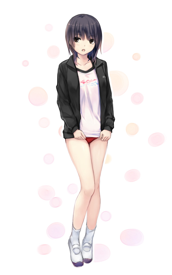 aoyama_sumika bangs black_eyes black_hair buruma coffee-kizoku eyebrows_visible_through_hair full_body gym_uniform original shoes short_hair simple_background socks solo uwabaki white_legwear