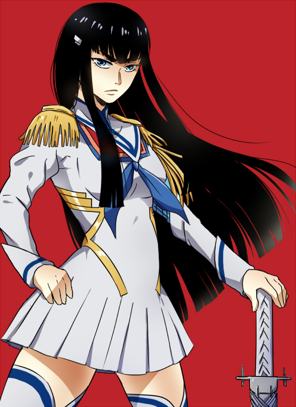akaginzr bakuzan black_hair blue_eyes epaulettes junketsu kill_la_kill kiryuuin_satsuki long_hair red_background sword weapon
