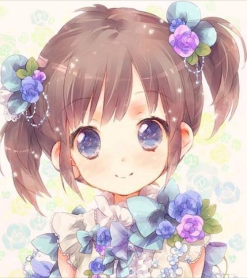 1girl artist_request blue_eyes brown_hair character_request child female flower hair_flower hair_ornament looking_at_viewer short_twintails solo source_request twintails