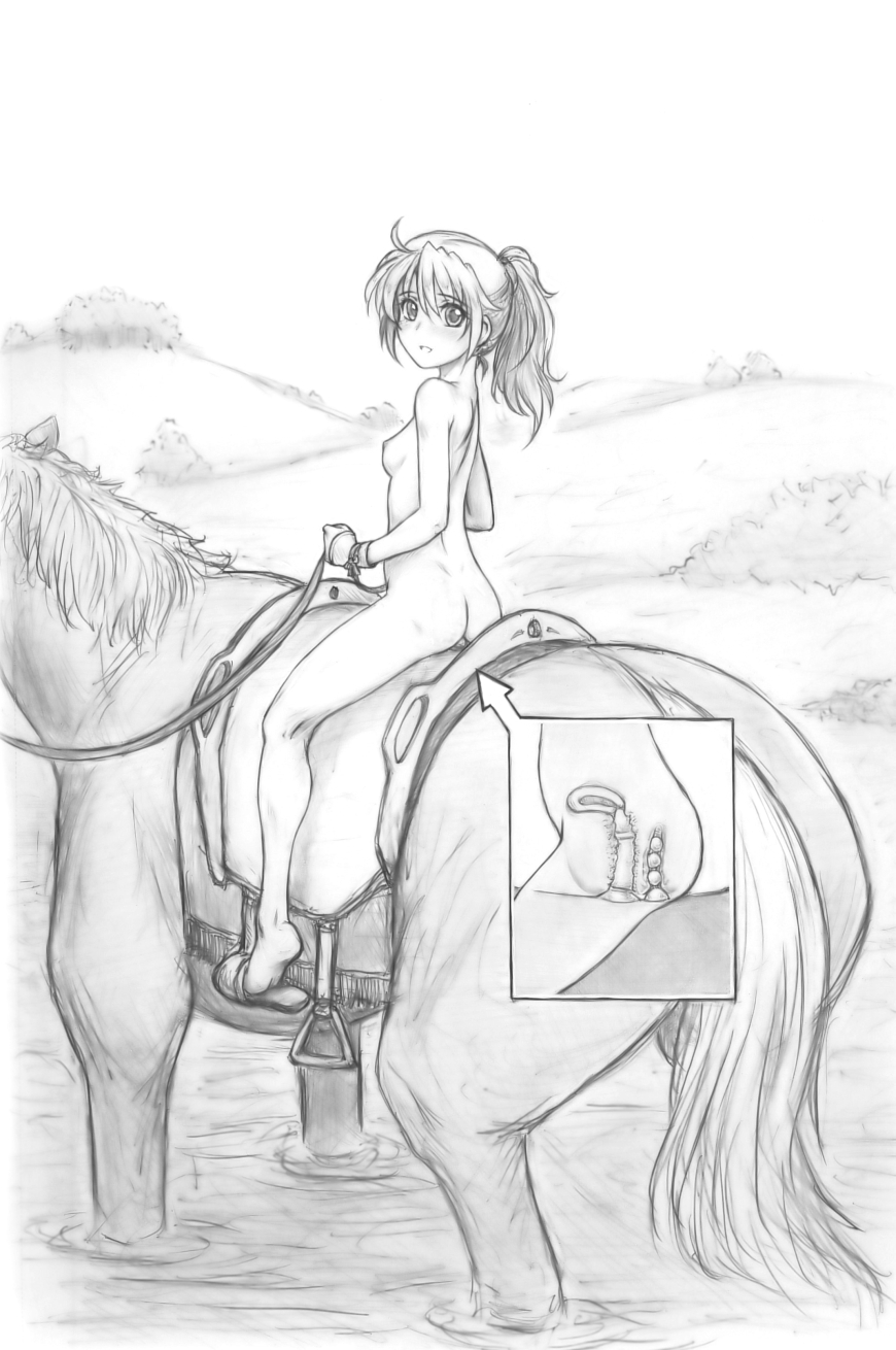 anal anal_beads anal_object_insertion anal_object_push breasts commentary_request dildo directional_arrow double_penetration greyscale harumachi_nagaaki highres horse horseback_riding inset looking_at_viewer looking_back medium_breasts monochrome nipples nude object_insertion original outdoors parted_lips petite ponytail riding saddle solo uterus vaginal vaginal_object_insertion vaginal_object_push