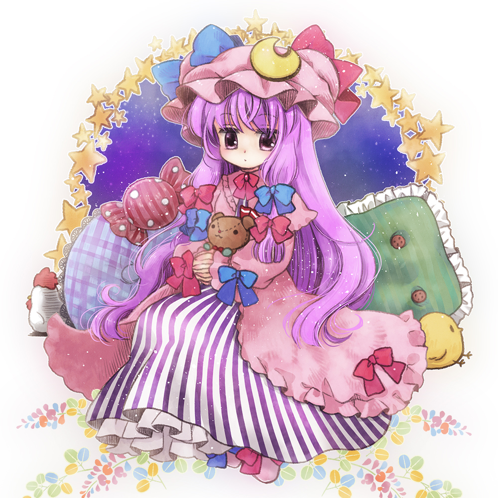 bad_id bad_pixiv_id bird biyon chick chicken coat crescent dress frilled_pillow frills hair_ribbon hat long_hair long_sleeves looking_at_viewer open_clothes open_coat patchouli_knowledge pillow purple_dress purple_eyes purple_hair ribbon solo striped striped_dress stuffed_animal stuffed_toy teddy_bear touhou tress_ribbon very_long_hair