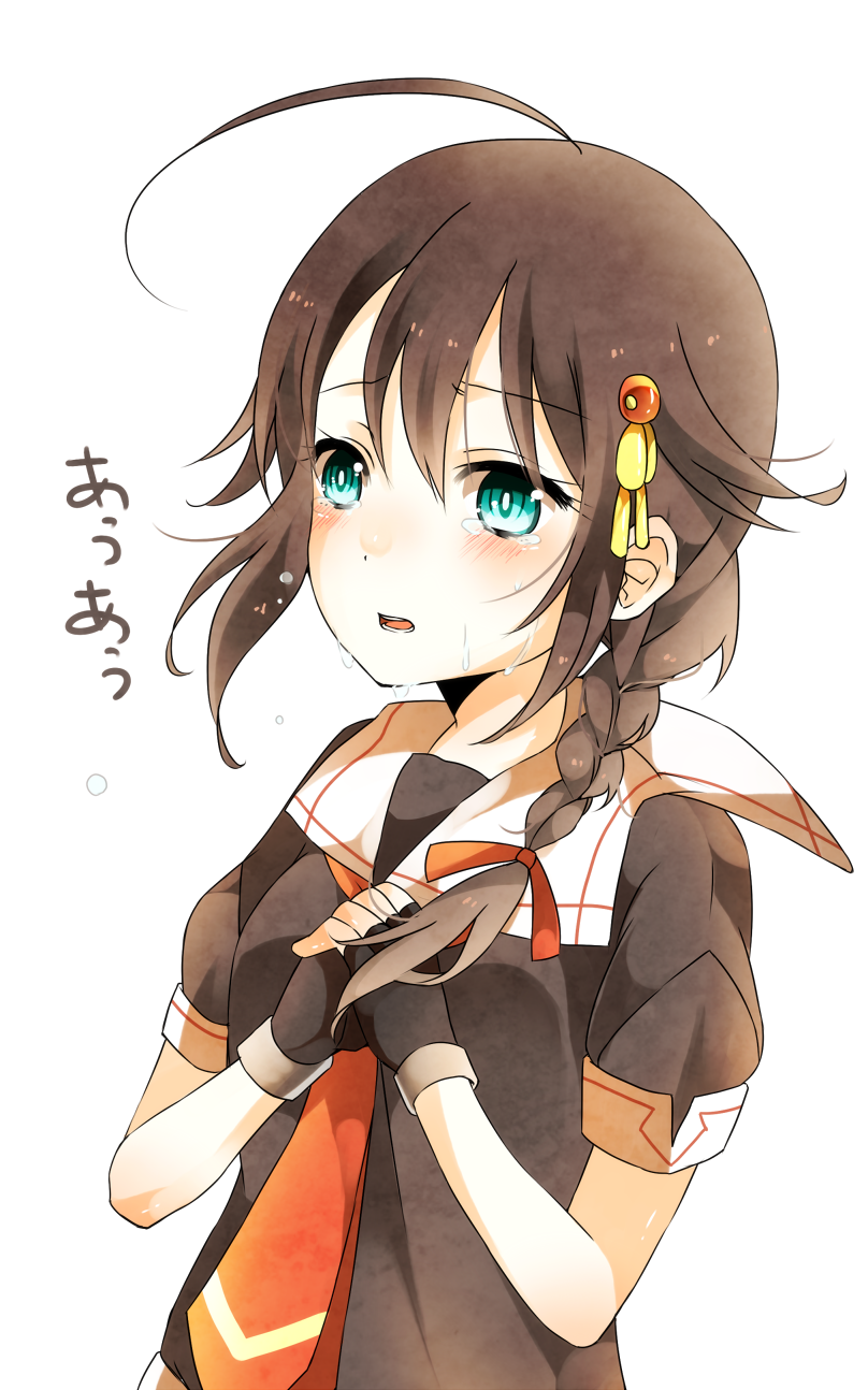 ahoge aqua_eyes asymmetrical_hair bad_id bad_pixiv_id blush braid brown_hair crying crying_with_eyes_open fingerless_gloves gloves hair_ornament hair_over_shoulder hair_ribbon hairclip hands_together highres kantai_collection long_hair mashiro_aa necktie remodel_(kantai_collection) ribbon school_uniform serafuku shigure_(kantai_collection) single_braid solo tears