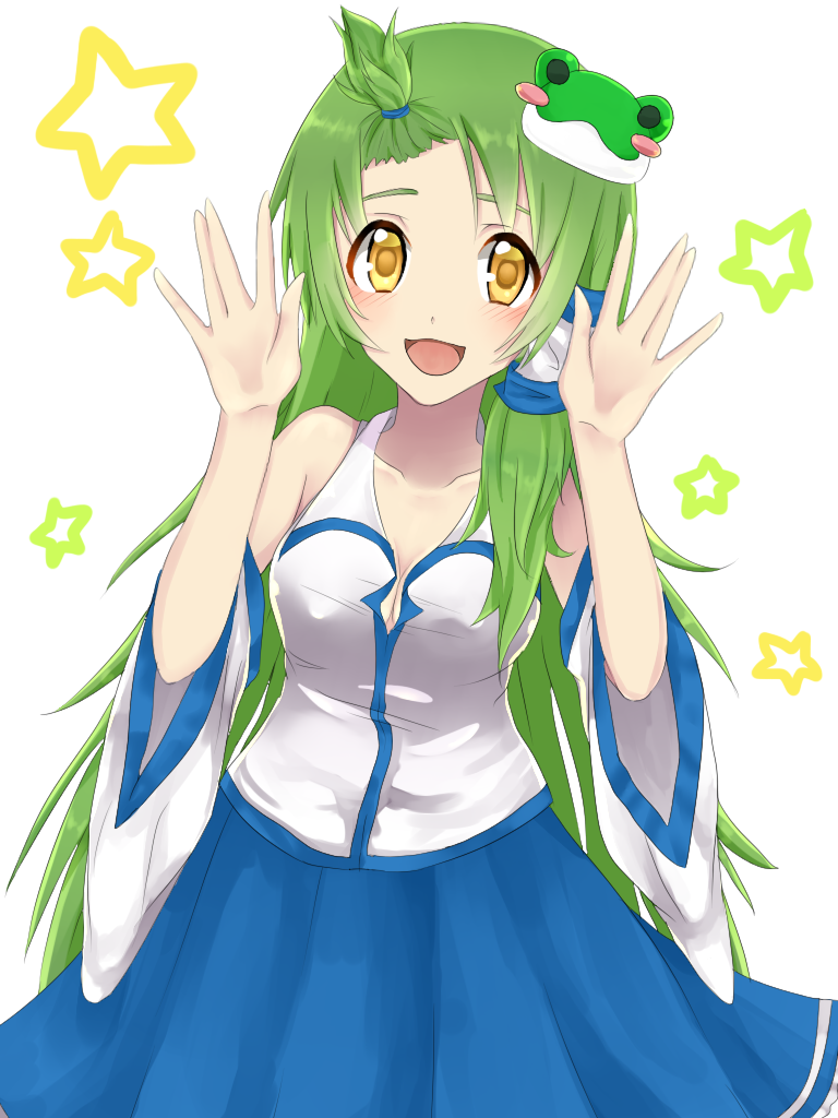 alternate_hairstyle bare_shoulders bow detached_sleeves forehead frog_hair_ornament green_hair hair_bow hair_ornament kochiya_sanae kururu_(koisi122) long_hair solo touhou yellow_eyes