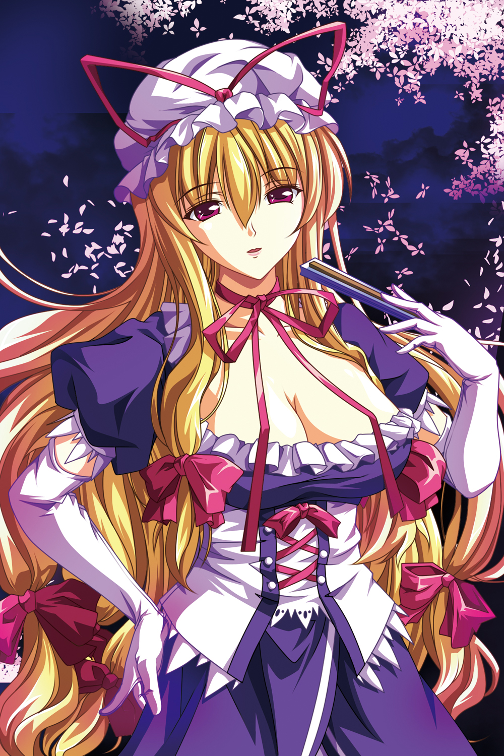 anime_coloring blonde_hair bow breasts cherry_blossoms choker cleavage elbow_gloves fan gloves hair_bow hat hat_ribbon highres large_breasts long_hair petals red_eyes ribbon ribbon_choker solo touhou very_long_hair white_gloves yakumo_yukari zixia_(msl)