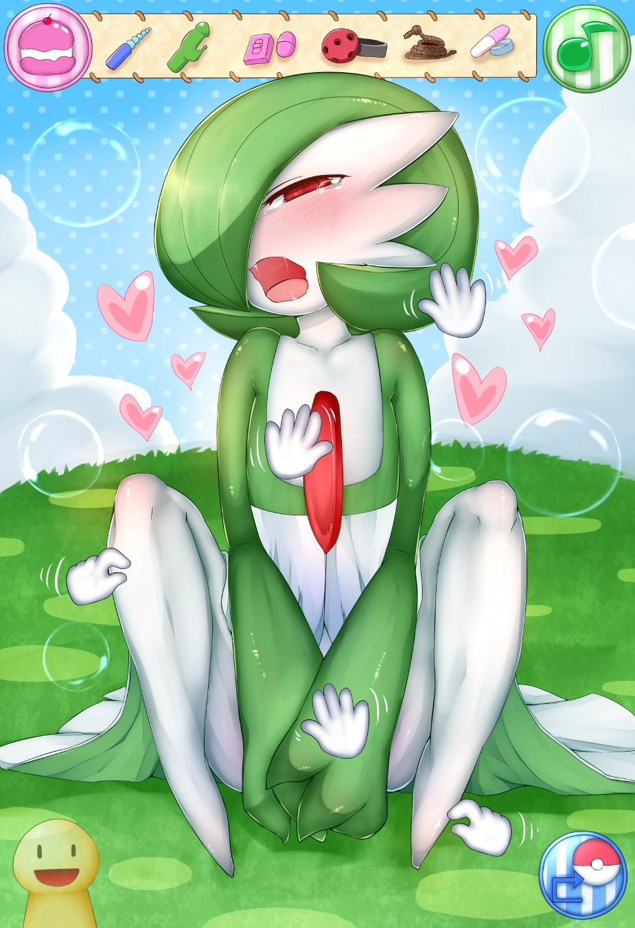 1girl ambiguous_gender ball_gag blush covering covering_crotch covering_self cursor dildo disembodied_hand drooling drugs egg_vibrator fondling gag gardevoir green_hair hanekumo123 heart highres nintendo no_humans open_mouth pill pok&#233;mon pokemon pokemon-amie pokemon_(game) pokemon_amie pokemon_xy red_eyes rope saliva sex_toy sitting solo tears vibrator video_games yu_yun