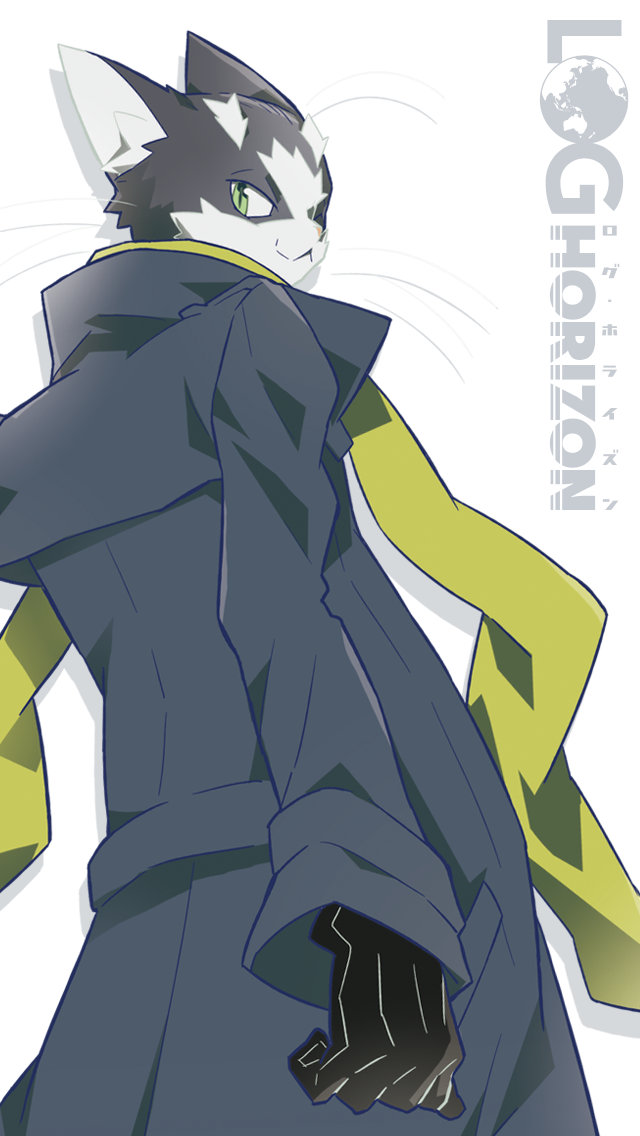 arm_at_side black_gloves cat closed_mouth copyright_name cowboy_shot from_behind furry gloves green_eyes hara_kazuhiro log_horizon long_coat looking_at_viewer looking_back male_focus nyanta_(log_horizon) scarf simple_background smirk solo white_background yellow_scarf