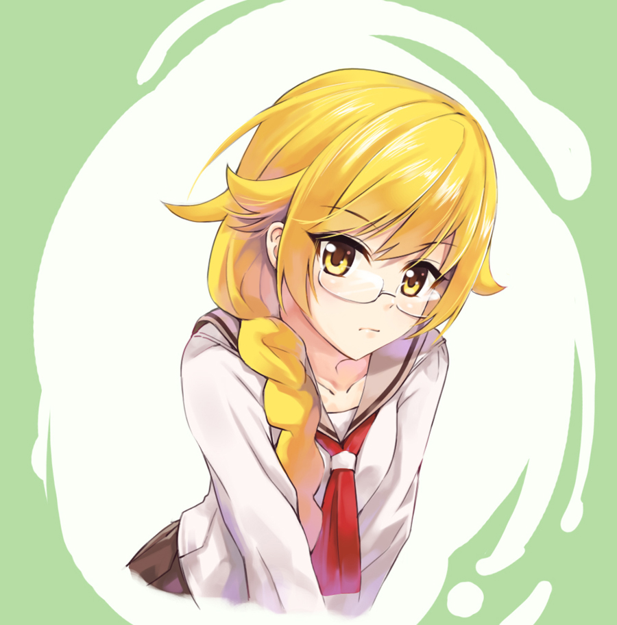 blonde_hair braid glasses long_hair monogatari_(series) nyan_(themare) oshino_shinobu school_uniform solo yellow_eyes