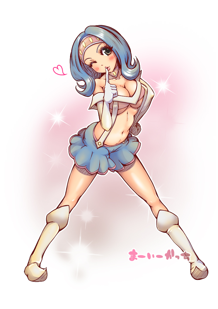 1girl bare_shoulders blue_hair blush boots breasts choker cleavage elbow_gloves finger_in_mouth glitter gloves hair_ornament headband heart inkay jewelry lips lipstick looking_at_viewer makeup midriff miniskirt navel necklace nekopantsu nintendo personification pokemon pokemon_(game) pokemon_xy pose posing short_hair skirt solo suspenders thigh_boots thighhighs underboob wink