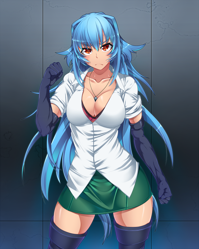blue_hair breasts brown_eyes cleavage contrapposto elbow_gloves gloves jewelry large_breasts long_hair miniskirt muscle necklace original skirt solo standing thighhighs utako623 very_long_hair zettai_ryouiki