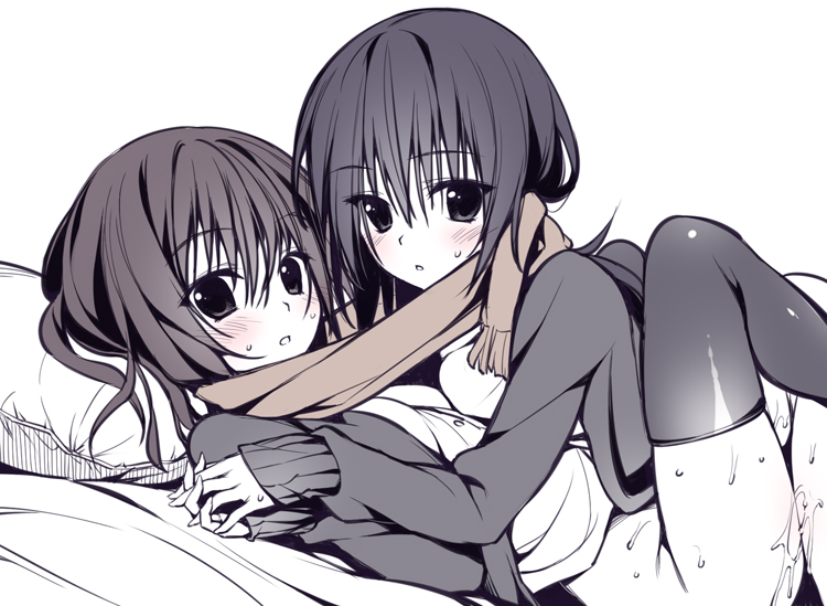 blush bottomless holding_hands interlocked_fingers long_hair long_sleeves looking_at_viewer monochrome multiple_girls original oryou pillow pussy_juice scarf shared_scarf simple_background spot_color thighhighs white_background yuri