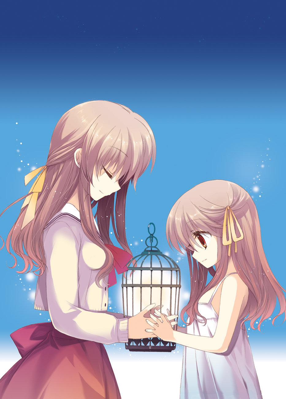 bare_shoulders birdcage blue_background bow bowtie brown_hair cage cardigan closed_eyes cowboy_shot dress from_side hair_ribbon height_difference highres izumi_rei long_hair multiple_girls nagamori_mizuka one orihara_misao red_bow red_eyes red_neckwear ribbon school_uniform simple_background sleeveless sleeveless_dress smile standing sundress