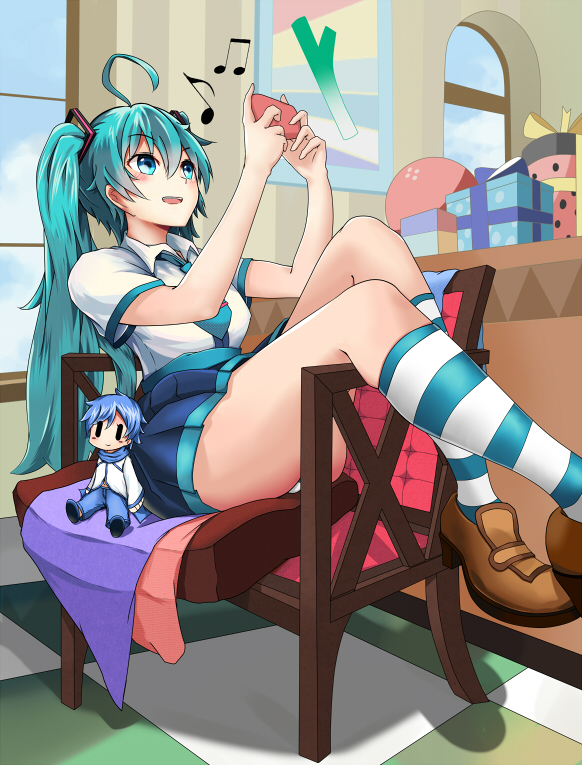 ahoge aqua_eyes aqua_hair bad_id bad_pixiv_id beamed_eighth_notes chair character_doll checkered checkered_floor eighth_note gift hatsune_miku kaito kneehighs long_hair musical_note necktie open_mouth panties pantyshot pantyshot_(sitting) ribbon roillingm sitting sitting_sideways skirt solo spring_onion striped striped_legwear twintails underwear vocaloid |_|