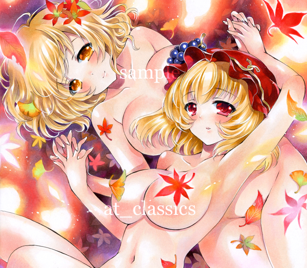 aki_minoriko aki_shizuha at_classics autumn_leaves blonde_hair breasts censored convenient_censoring food fruit grapes hair_ornament hat holding_hands large_breasts leaf multiple_girls navel nude red_eyes short_hair siblings sisters smile touhou yellow_eyes